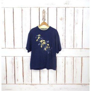 90s vintage navy blue yellow floral butterfly tshirt